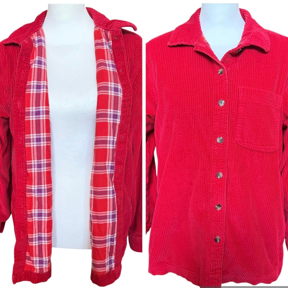 LL Bean Corduroy Oversized Shirt Womens Small Red Flannel Lined Chore Barn Shirt